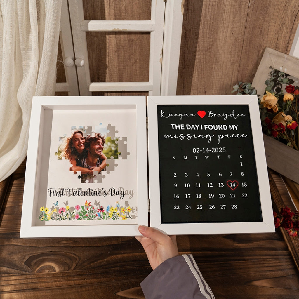 Personalized Double-Sided Folding Shadow Box: Heart Jigsaw Puzzle Photo & Custom Anniversary Calendar – "The Day I Found My Missing Piece" Valentine’s Day Gift