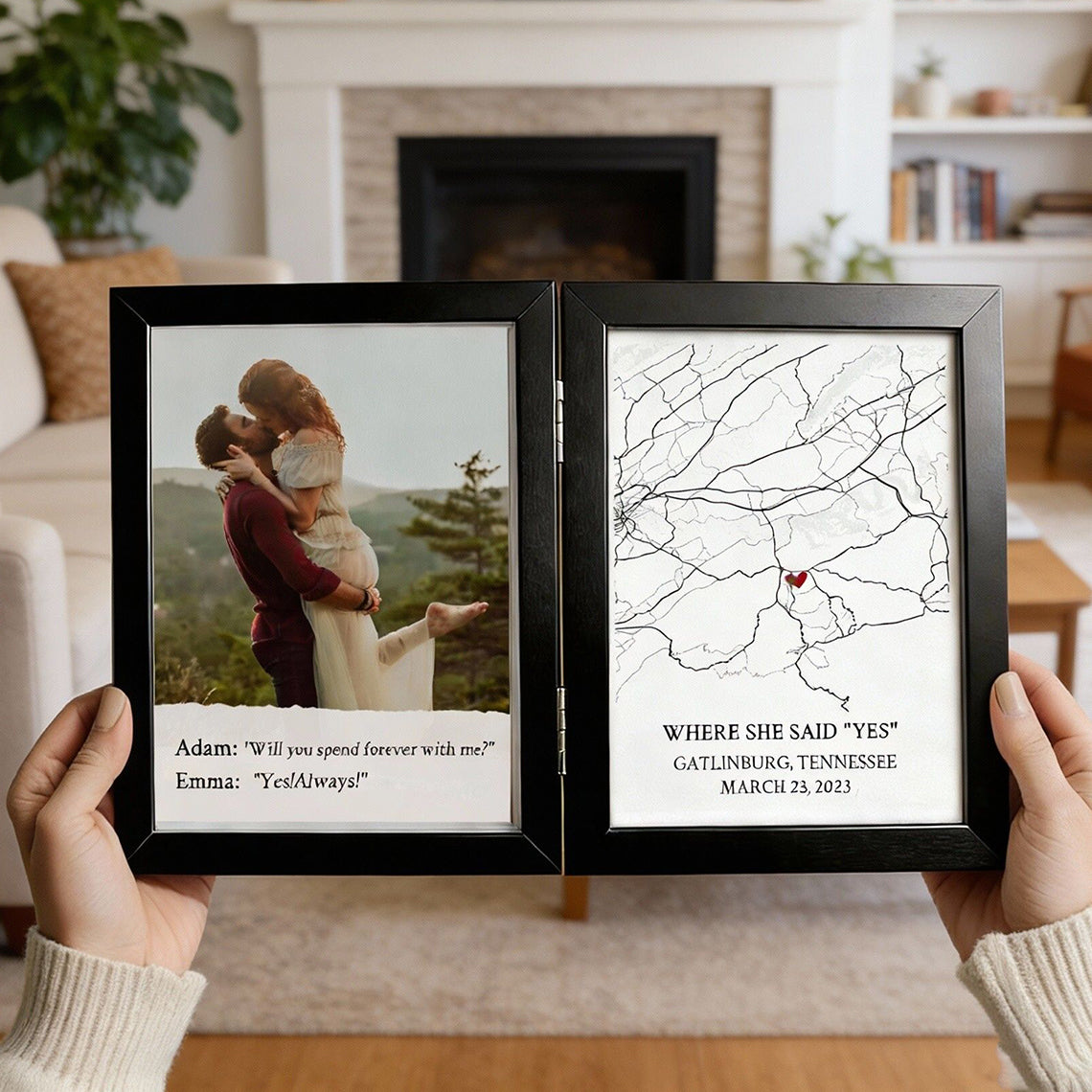 Personalized Bi-Fold Engagement Map & Photo Frame: Custom "Where She Said Yes" Proposal Location Shadow Box – Romantic Anniversary Gift for Couples
