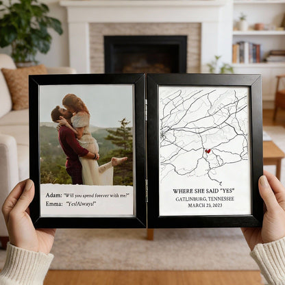Personalized Bi-Fold Engagement Map & Photo Frame: Custom "Where She Said Yes" Proposal Location Shadow Box – Romantic Anniversary Gift for Couples