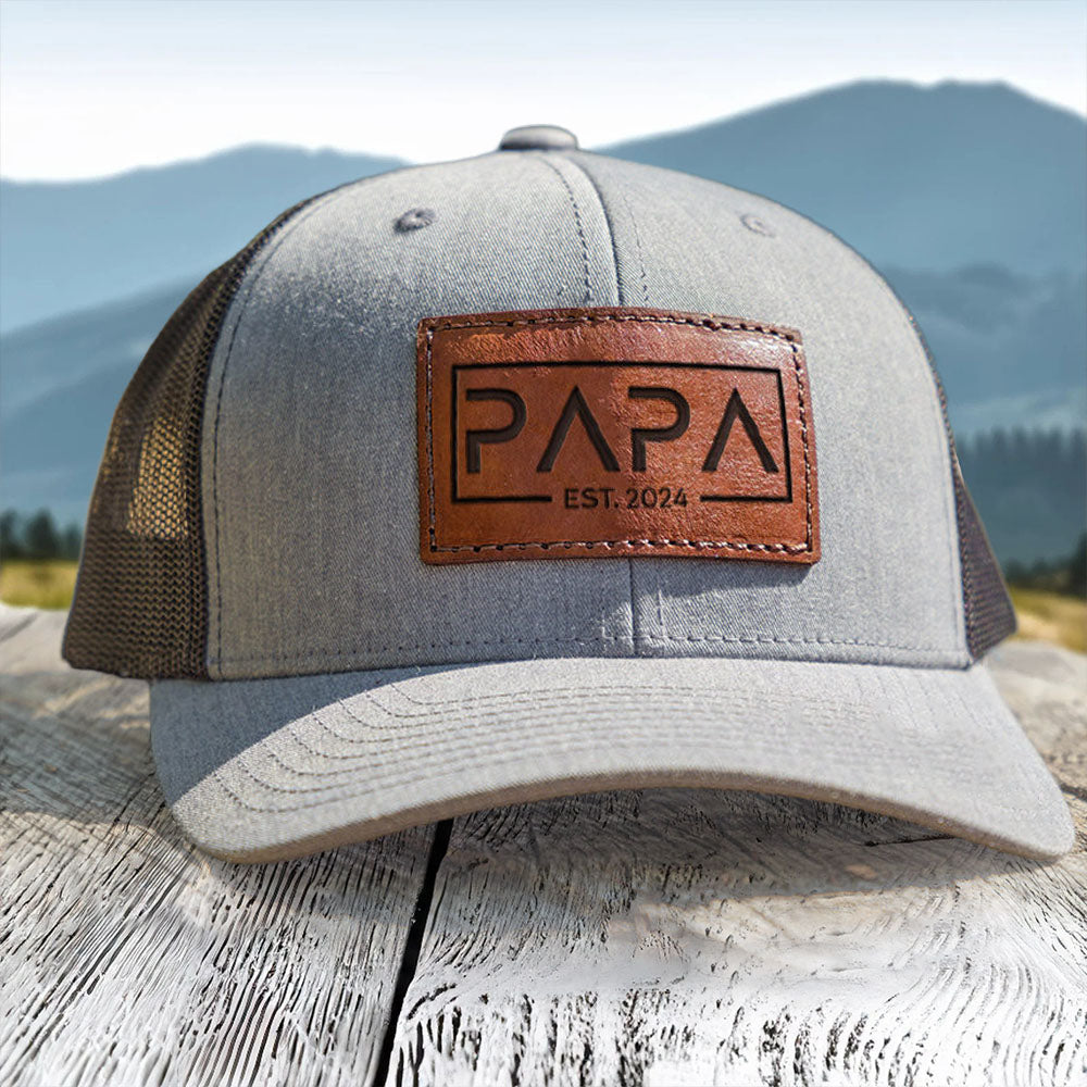 Personalized PAPA Est Leather Patch Trucker Hat Father's Day Gift