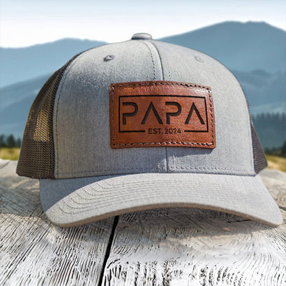 Personalized PAPA Est Leather Patch Trucker Hat Father's Day Gift