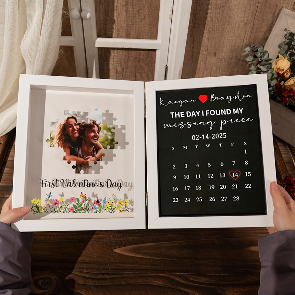 Personalized Double-Sided Folding Shadow Box: Heart Jigsaw Puzzle Photo & Custom Anniversary Calendar – "The Day I Found My Missing Piece" Valentine’s Day Gift