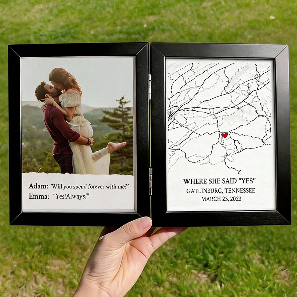 Personalized Bi-Fold Engagement Map & Photo Frame: Custom "Where She Said Yes" Proposal Location Shadow Box – Romantic Anniversary Gift for Couples