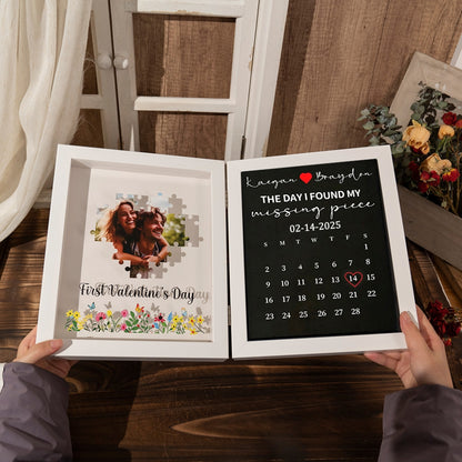 Personalized Double-Sided Folding Shadow Box: Heart Jigsaw Puzzle Photo & Custom Anniversary Calendar – "The Day I Found My Missing Piece" Valentine’s Day Gift