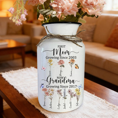 Personalized “First Mom, Now Grandma” Birth Flower Vase – Custom Kids’ Names, Perfect Gift for Mom or Grandma