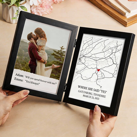 Personalized Bi-Fold Engagement Map & Photo Frame: Custom "Where She Said Yes" Proposal Location Shadow Box – Romantic Anniversary Gift for Couples