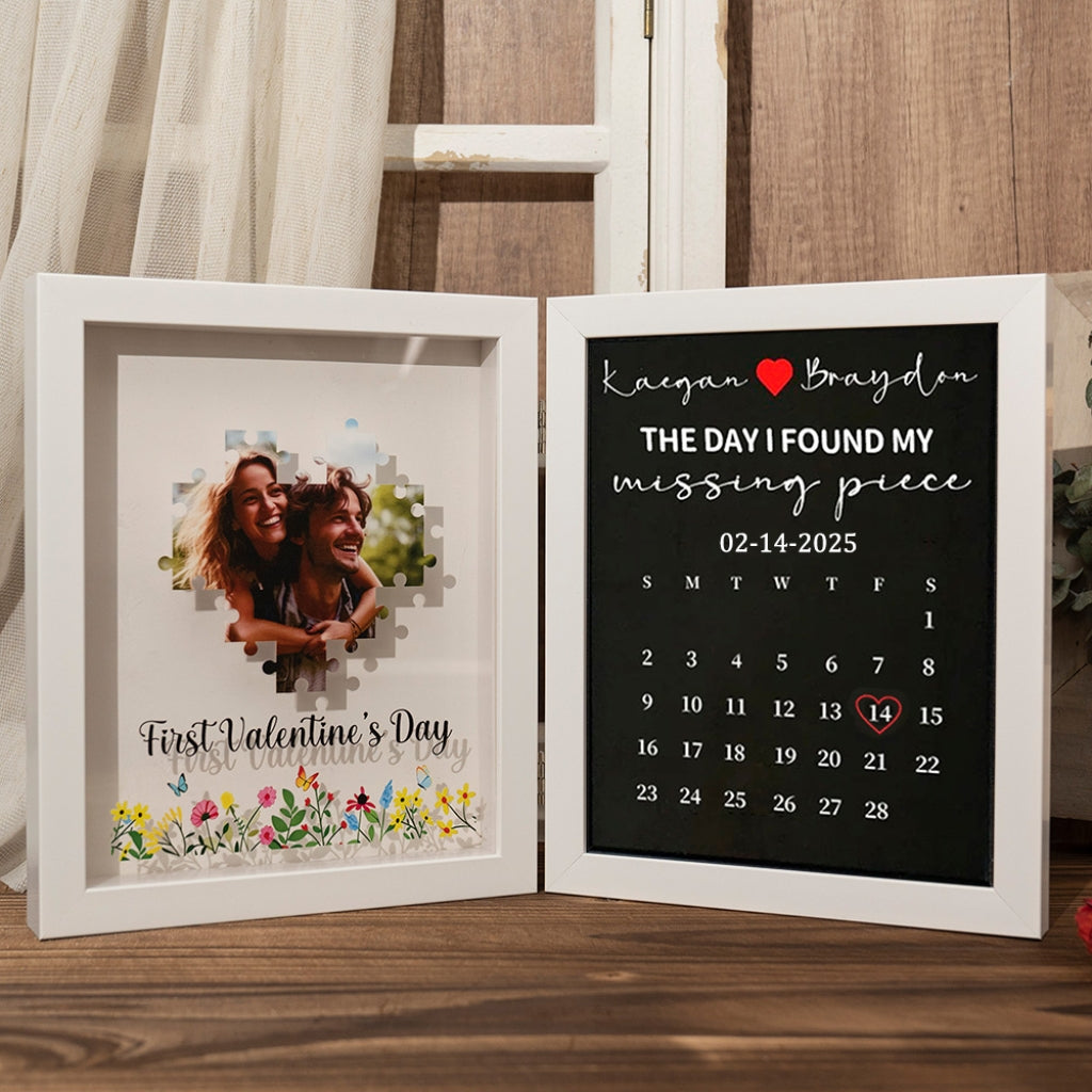 Personalized Double-Sided Folding Shadow Box: Heart Jigsaw Puzzle Photo & Custom Anniversary Calendar – "The Day I Found My Missing Piece" Valentine’s Day Gift