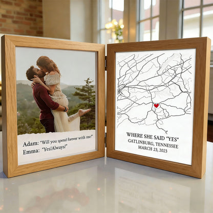 Personalized Bi-Fold Engagement Map & Photo Frame: Custom "Where She Said Yes" Proposal Location Shadow Box – Romantic Anniversary Gift for Couples