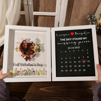 Personalized Double-Sided Folding Shadow Box: Heart Jigsaw Puzzle Photo & Custom Anniversary Calendar – "The Day I Found My Missing Piece" Valentine’s Day Gift