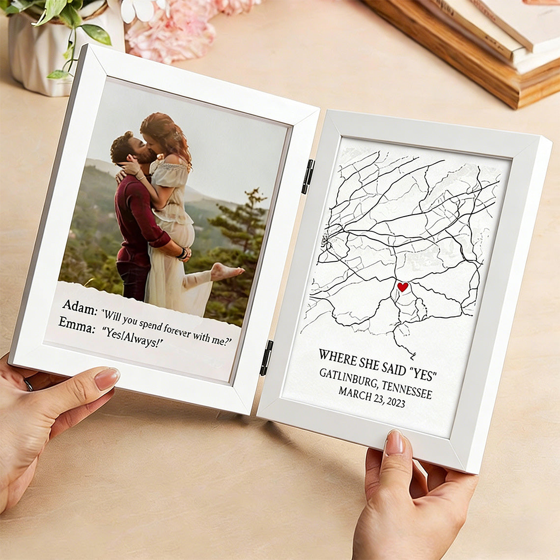 Personalized Bi-Fold Engagement Map & Photo Frame: Custom "Where She Said Yes" Proposal Location Shadow Box – Romantic Anniversary Gift for Couples