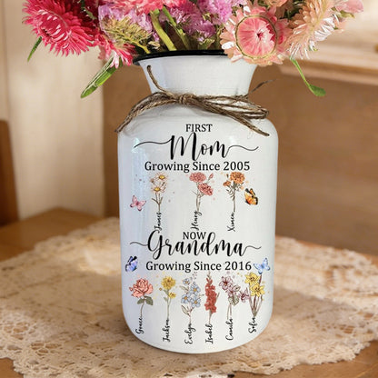 Personalized “First Mom, Now Grandma” Birth Flower Vase – Custom Kids’ Names, Perfect Gift for Mom or Grandma