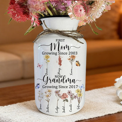 Personalized “First Mom, Now Grandma” Birth Flower Vase – Custom Kids’ Names, Perfect Gift for Mom or Grandma