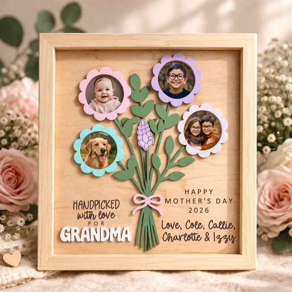 Personalized Flower Bouquet Wood Photo Frame for Mom Grandma Mother's Day Gift