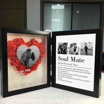 Personalized "Soul Mate" Definition Shadow Box: 3D Rose Heart Photo Frame with Scannable Spotify Music Player – Custom Anniversary & Wedding Gift for Couples