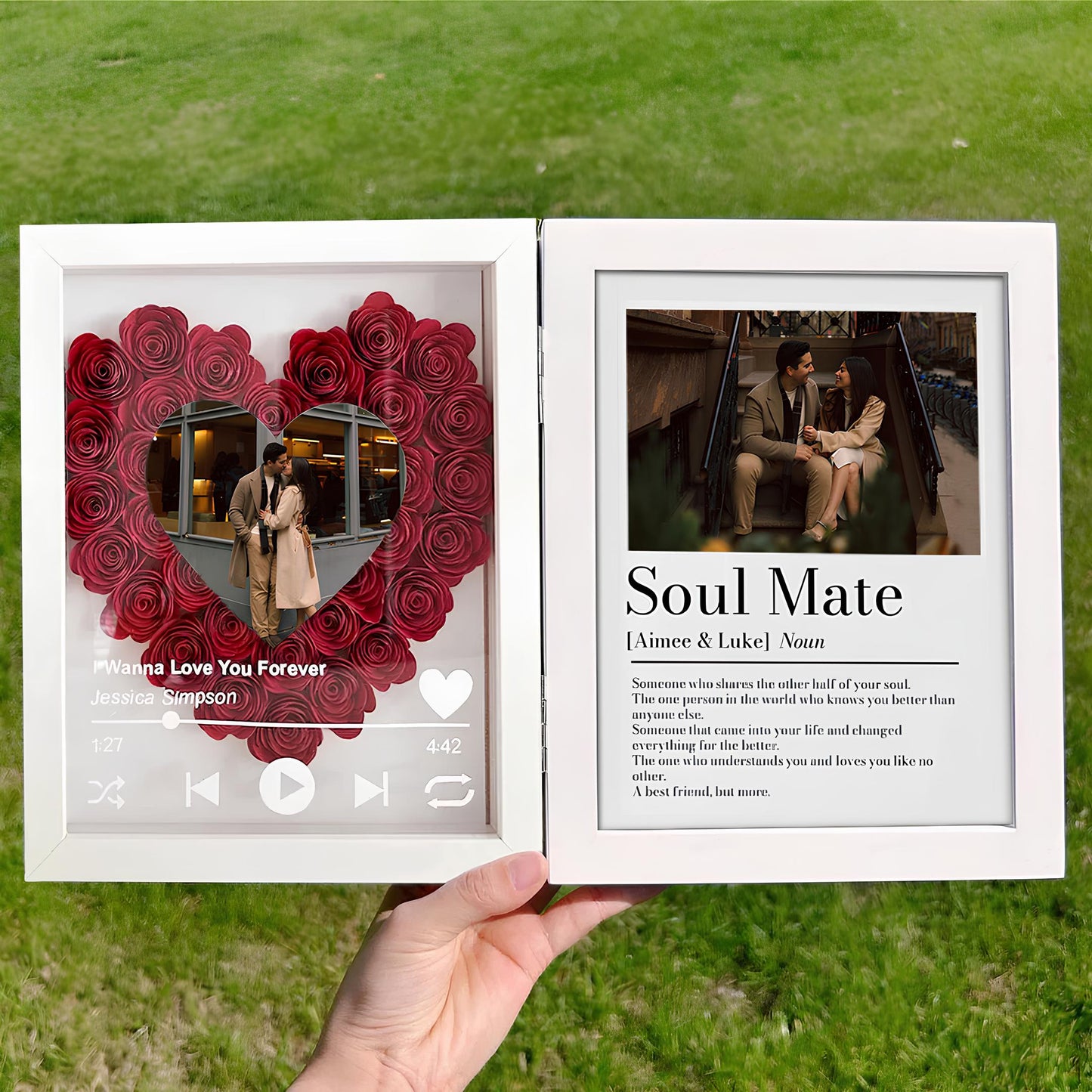 Personalized "Soul Mate" Definition Shadow Box: 3D Rose Heart Photo Frame with Scannable Spotify Music Player – Custom Anniversary & Wedding Gift for Couples