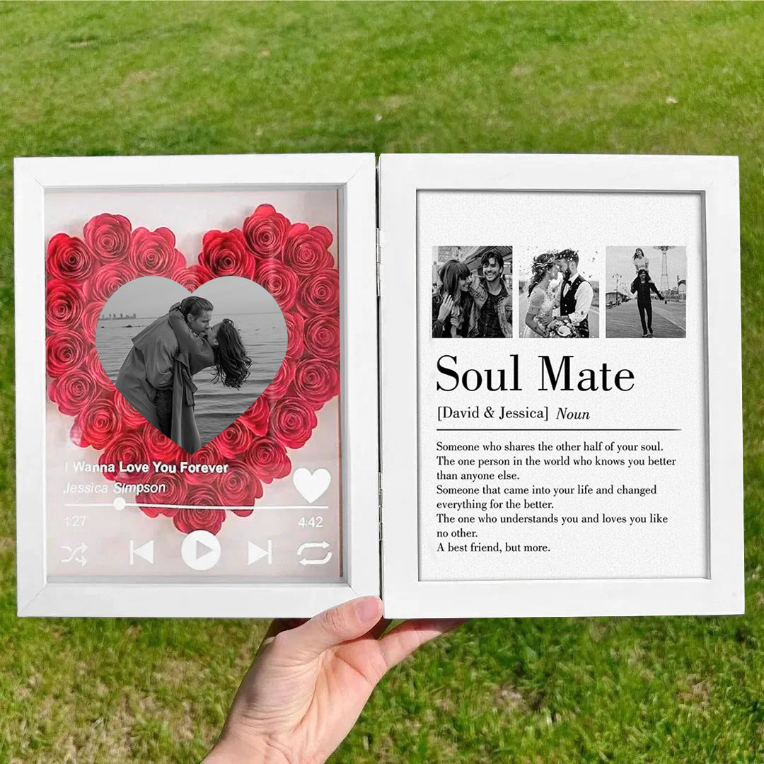 Personalized "Soul Mate" Definition Shadow Box: 3D Rose Heart Photo Frame with Scannable Spotify Music Player – Custom Anniversary & Wedding Gift for Couples