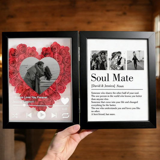 Personalized "Soul Mate" Definition Shadow Box: 3D Rose Heart Photo Frame with Scannable Spotify Music Player – Custom Anniversary & Wedding Gift for Couples