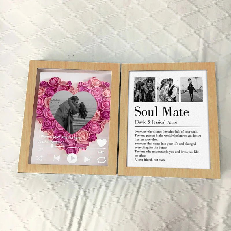 Personalized "Soul Mate" Definition Shadow Box: 3D Rose Heart Photo Frame with Scannable Spotify Music Player – Custom Anniversary & Wedding Gift for Couples