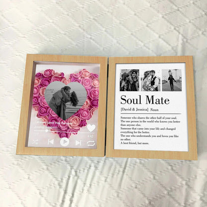 Personalized "Soul Mate" Definition Shadow Box: 3D Rose Heart Photo Frame with Scannable Spotify Music Player – Custom Anniversary & Wedding Gift for Couples