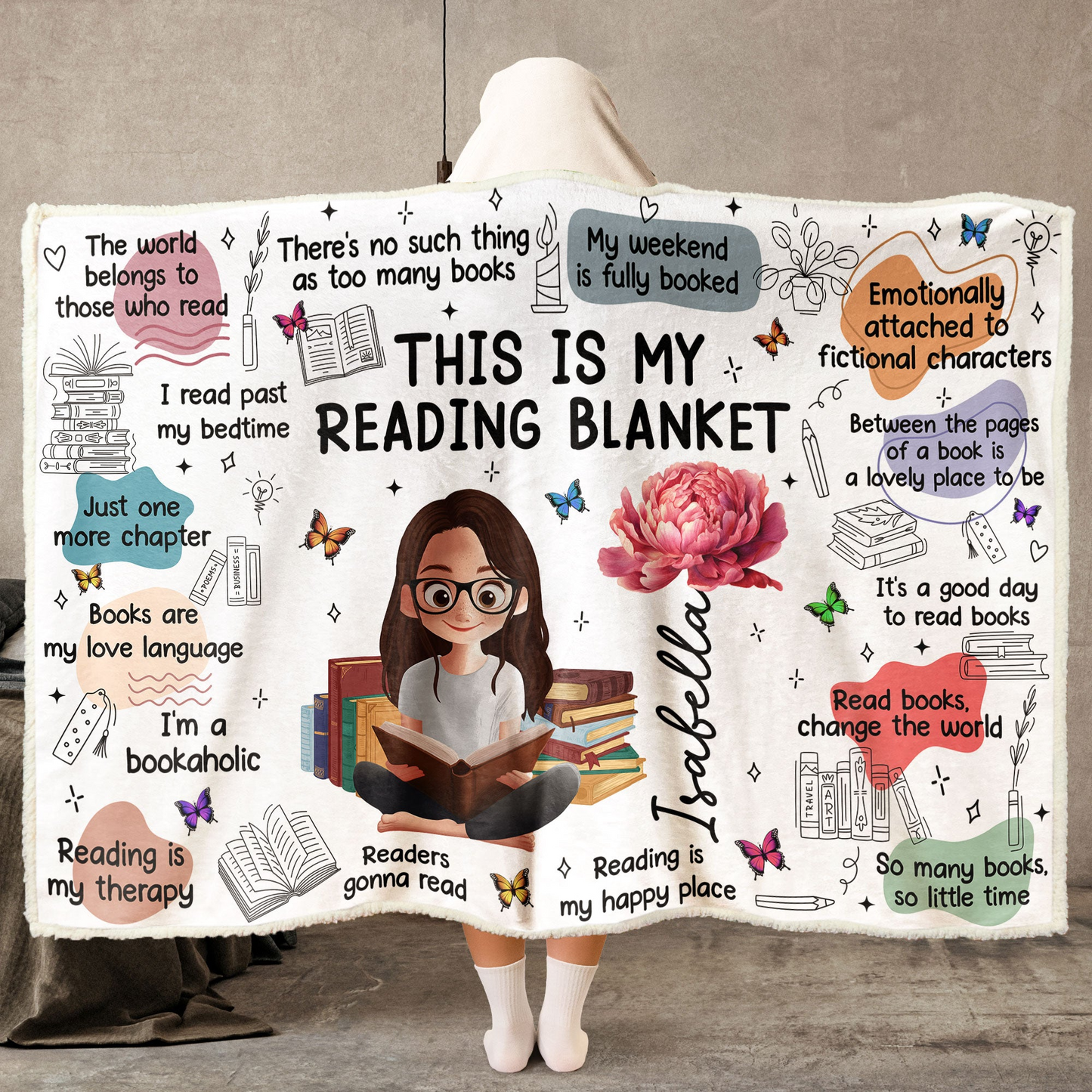 Personalized Birth Flower Reading Blanket with Name Books Quotes Hooded Blanket