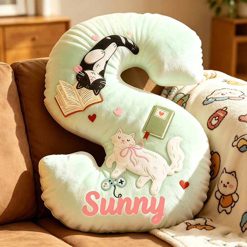 Personalized Cat Lover Gaming Pillow with Custom Name, Book & Controller Throw Cushion, Gift for Gamers, Cat Lovers & Kids