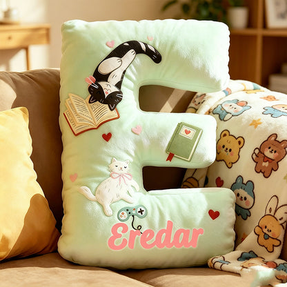 Personalized Cat Lover Gaming Pillow with Custom Name, Book & Controller Throw Cushion, Gift for Gamers, Cat Lovers & Kids