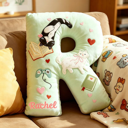 Personalized Cat Lover Gaming Pillow with Custom Name, Book & Controller Throw Cushion, Gift for Gamers, Cat Lovers & Kids