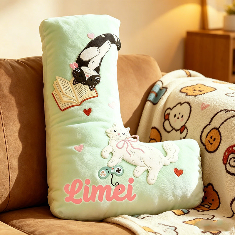 Personalized Cat Lover Gaming Pillow with Custom Name, Book & Controller Throw Cushion, Gift for Gamers, Cat Lovers & Kids