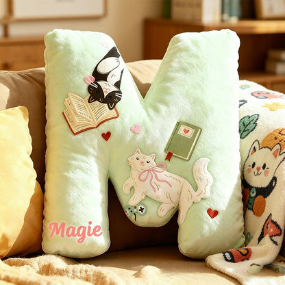 Personalized Cat Lover Gaming Pillow with Custom Name, Book & Controller Throw Cushion, Gift for Gamers, Cat Lovers & Kids