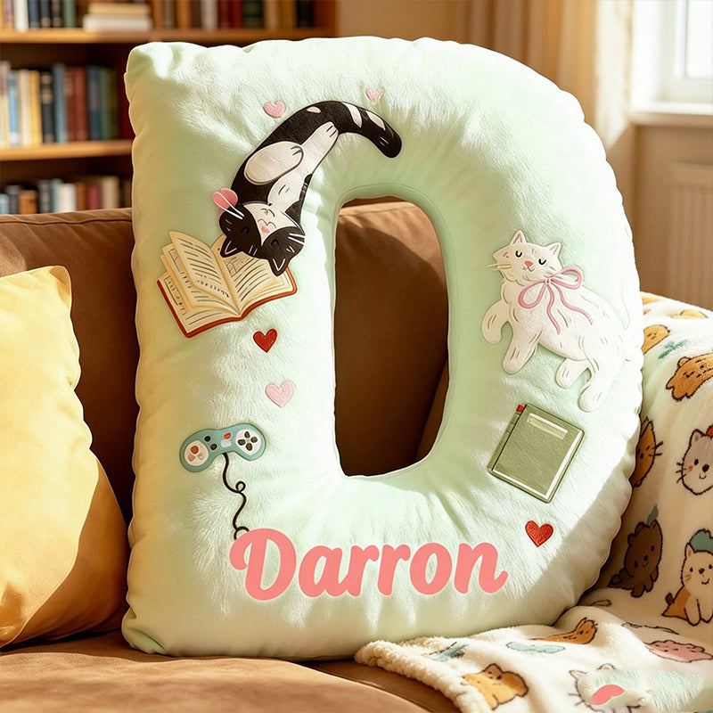 Personalized Cat Lover Gaming Pillow with Custom Name, Book & Controller Throw Cushion, Gift for Gamers, Cat Lovers & Kids