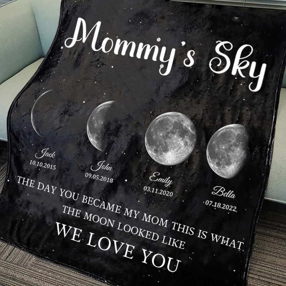 Personalized Mommy's Sky Moon Phase by Date Blanket with Kids Names Mother's Day Gift