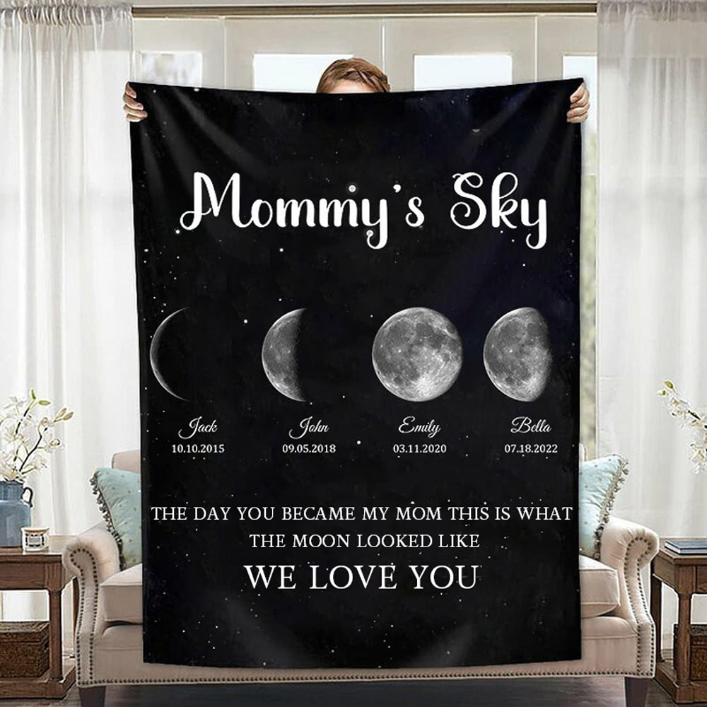 Personalized Mommy's Sky Moon Phase by Date Blanket with Kids Names Mother's Day Gift