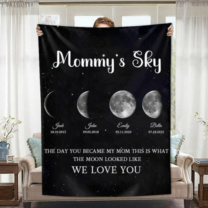 Personalized Mommy's Sky Moon Phase by Date Blanket with Kids Names Mother's Day Gift