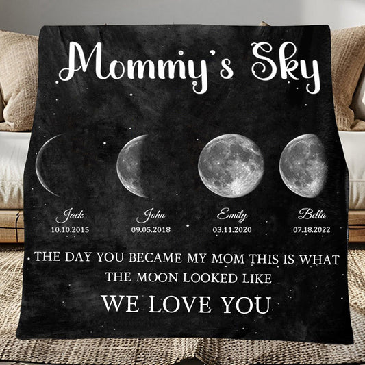 Personalized Mommy's Sky Moon Phase by Date Blanket with Kids Names Mother's Day Gift