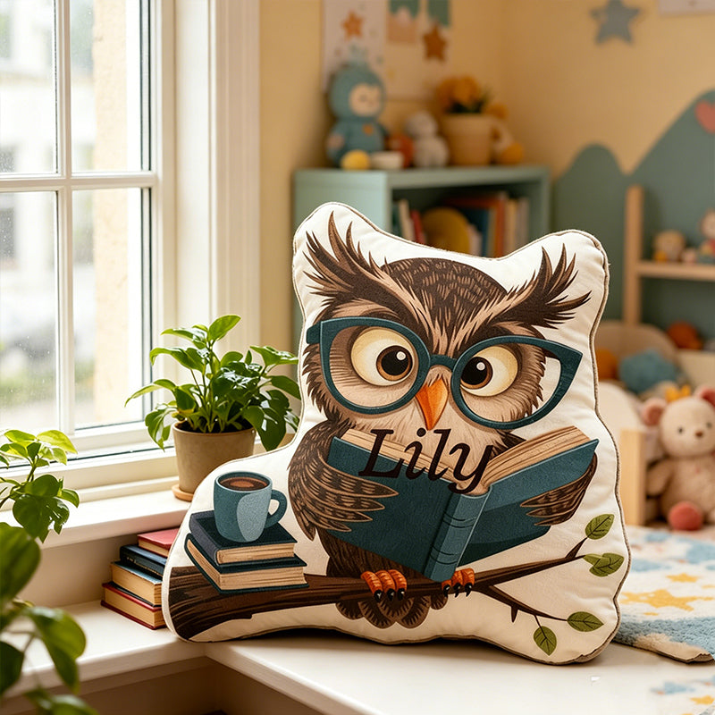 Personalized Bookish Owl Pillow with Custom Name, Reading Lover Throw Cushion, Gift for Book Lovers & Owl Fans