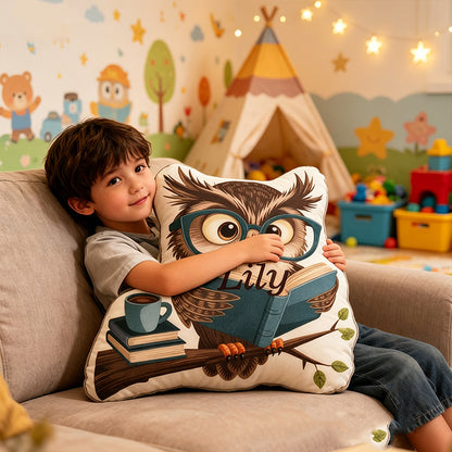 Personalized Bookish Owl Pillow with Custom Name, Reading Lover Throw Cushion, Gift for Book Lovers & Owl Fans