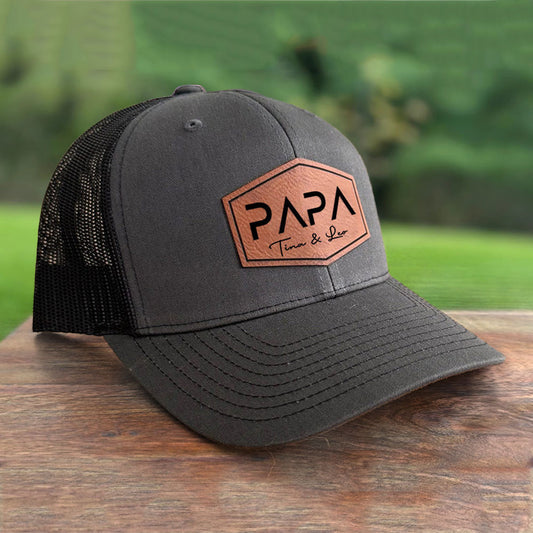 Personalized PAPA Leather Patch Trucker Hat with Kids Names Father's Day Gift New Dad Gift