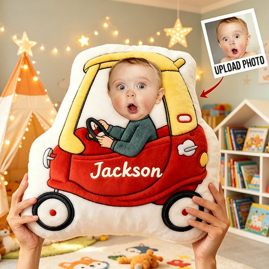 Personalized Vehicle Pillow with Photo and Name – Cute Car-Shaped Cushion for Kids