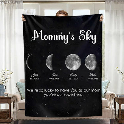 Personalized Mommy's Sky Moon Phase by Date Blanket with Kids Names Mother's Day Gift