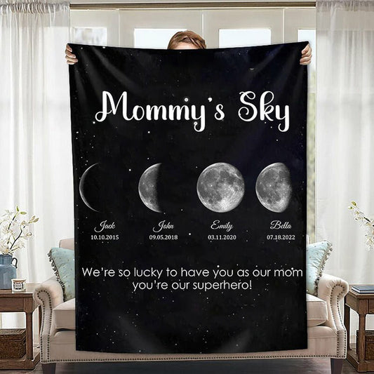 Personalized Mommy's Sky Moon Phase by Date Blanket with Kids Names Mother's Day Gift
