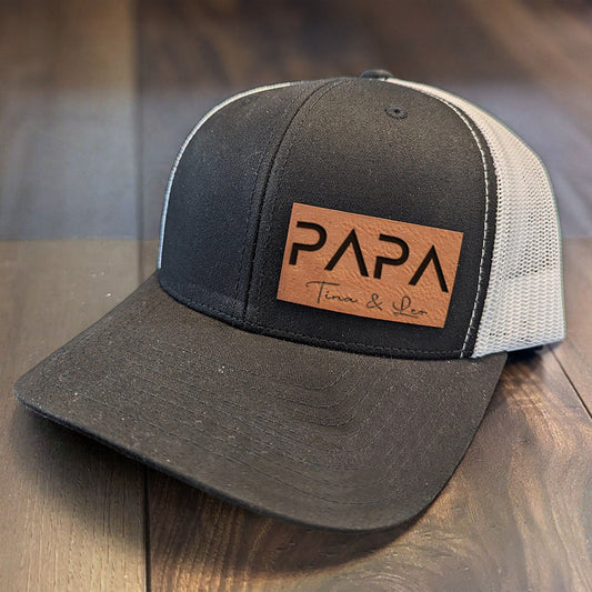 Personalized PAPA Leather Patch Trucker Hat with Kids Names Father's Day Gift