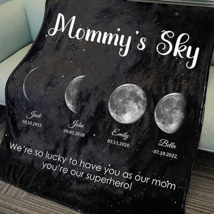 Personalized Mommy's Sky Moon Phase by Date Blanket with Kids Names Mother's Day Gift