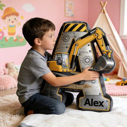Personalized Excavator Letter Pillow Custom Name Cushion Gift for Kids and Toddlers
