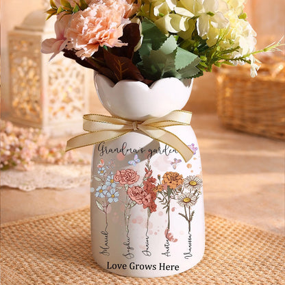 Personalized Grandma’s Garden Birth Month Flower Vase – Custom Grandkids’ Names, “Love” Gift for Mom or Grandma