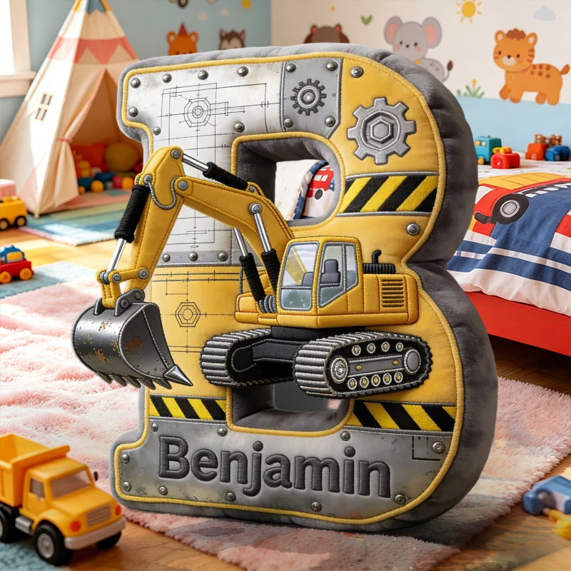 Personalized Excavator Letter Pillow Custom Name Cushion Gift for Kids and Toddlers