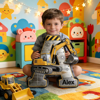 Personalized Excavator Letter Pillow Custom Name Cushion Gift for Kids and Toddlers