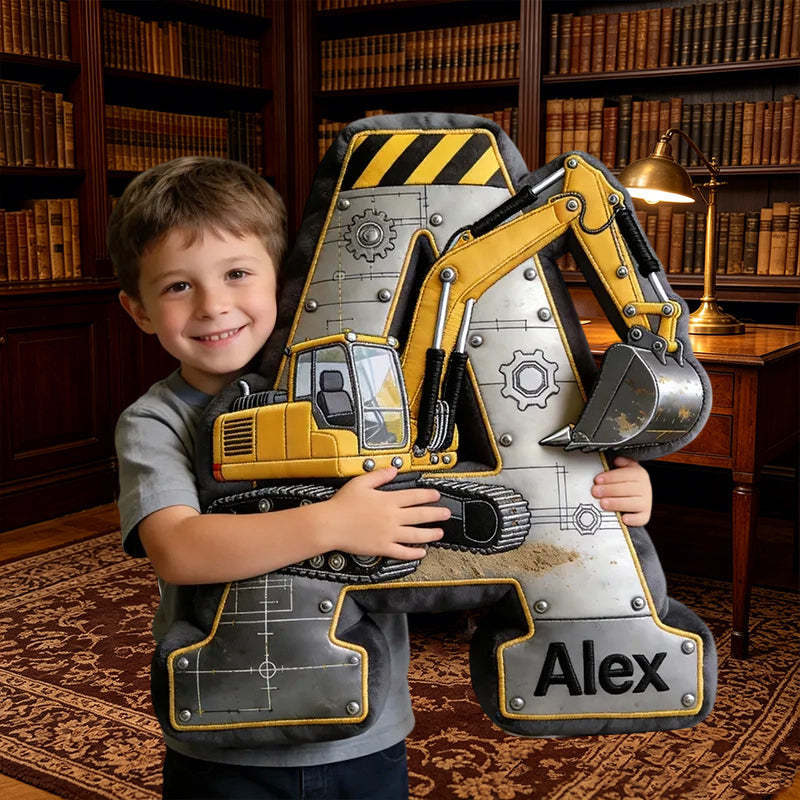 Personalized Excavator Letter Pillow Custom Name Cushion Gift for Kids and Toddlers