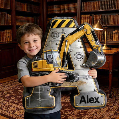 Personalized Excavator Letter Pillow Custom Name Cushion Gift for Kids and Toddlers
