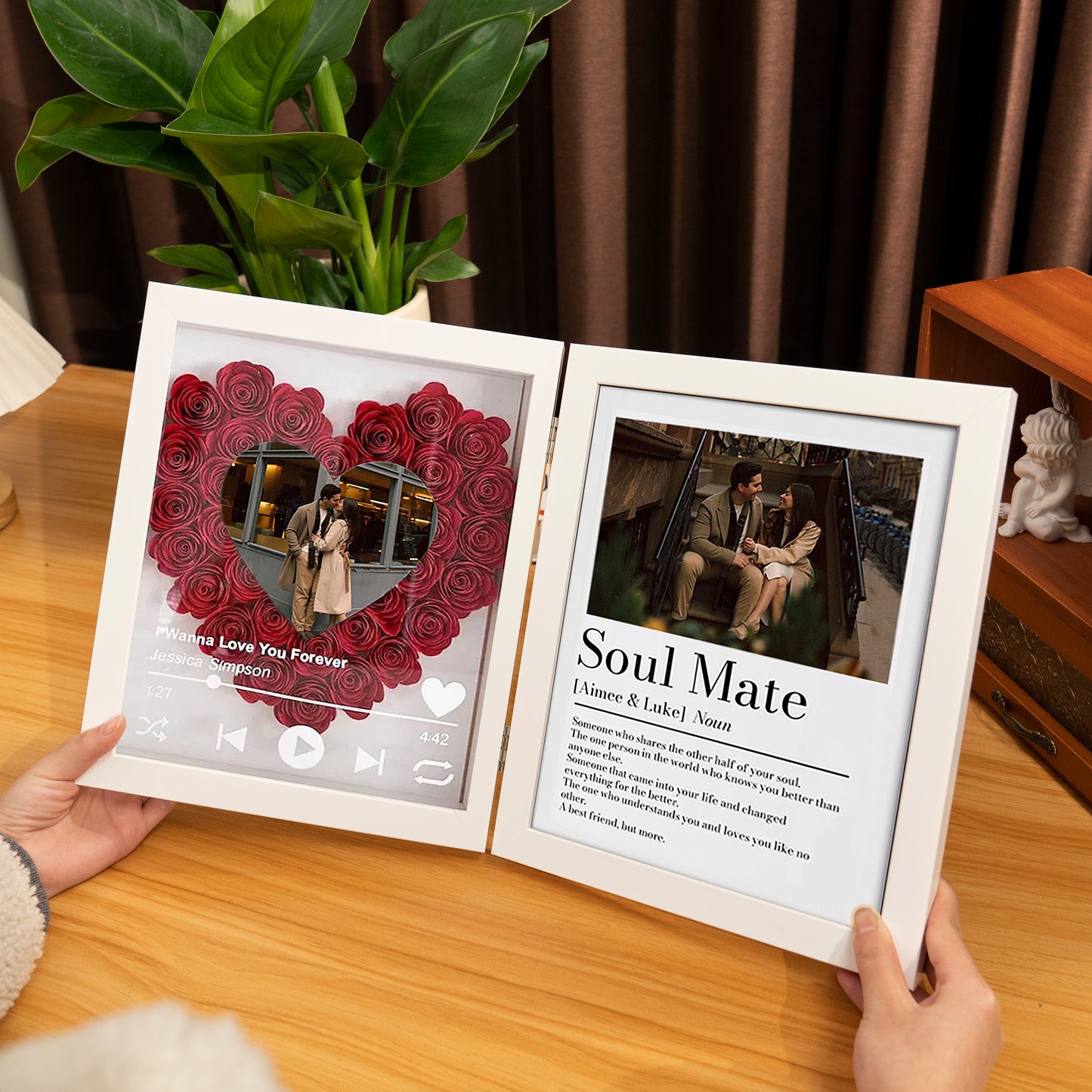 Personalized "Soul Mate" Definition Shadow Box: 3D Rose Heart Photo Frame with Scannable Spotify Music Player – Custom Anniversary & Wedding Gift for Couples