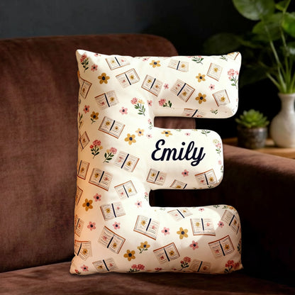 Personalized Floral Books Alphabet Pillow with Custom Name, Retro Book Letter Throw Cushion, Gift for Kids, Girls, Boys & Book Lovers